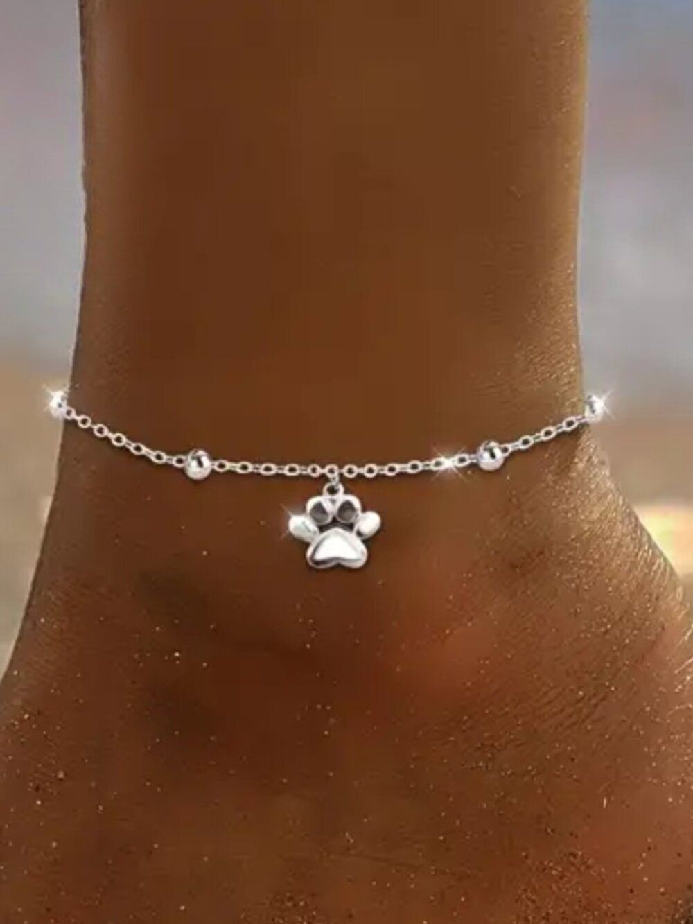 NWT Silver Plate Beaded Paw Print Anklet Charm Bracelet Animal Lover Gift